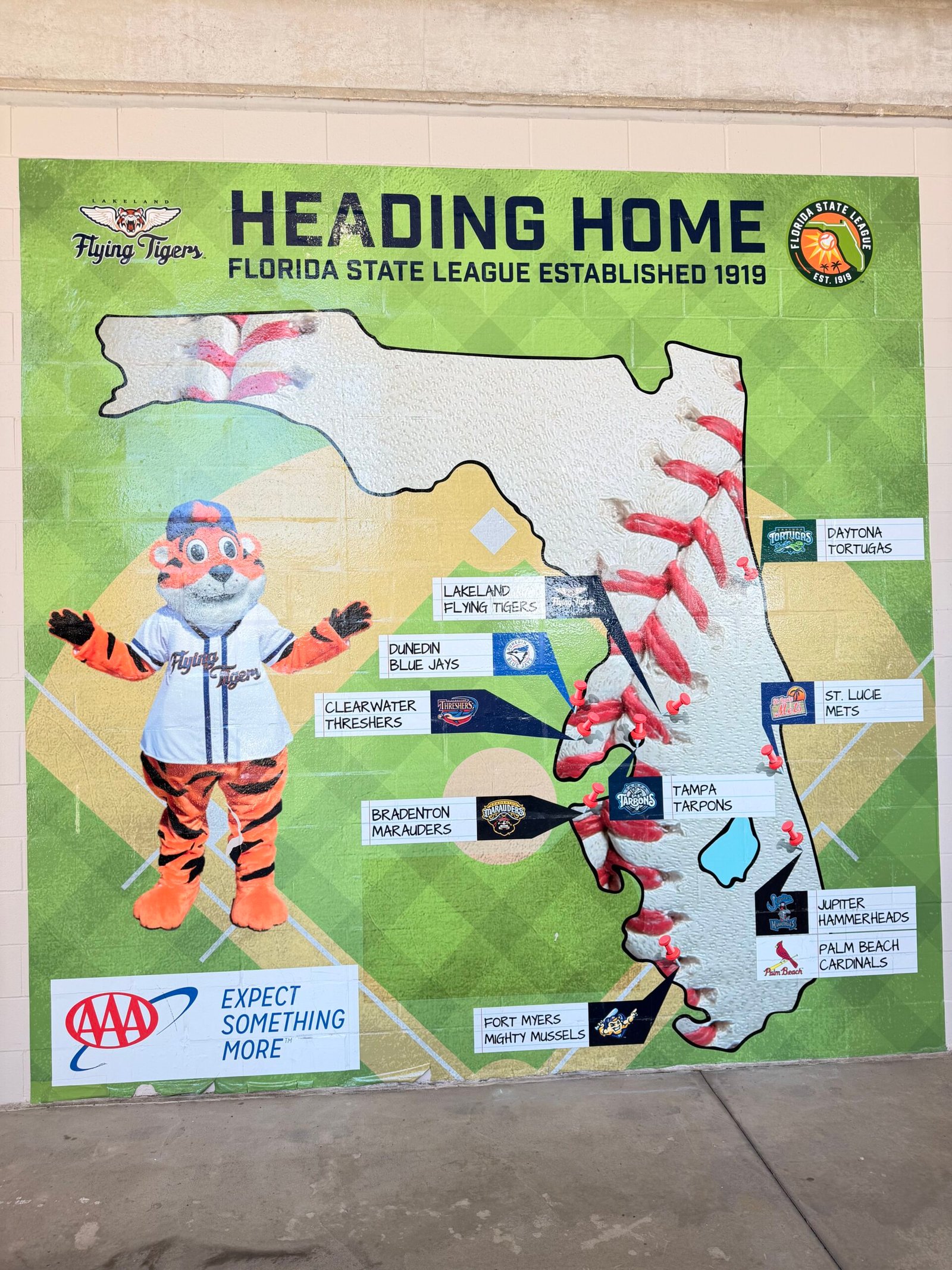 Heading Home Flying Tigers Florida State League map mural showing all league teams and mascot