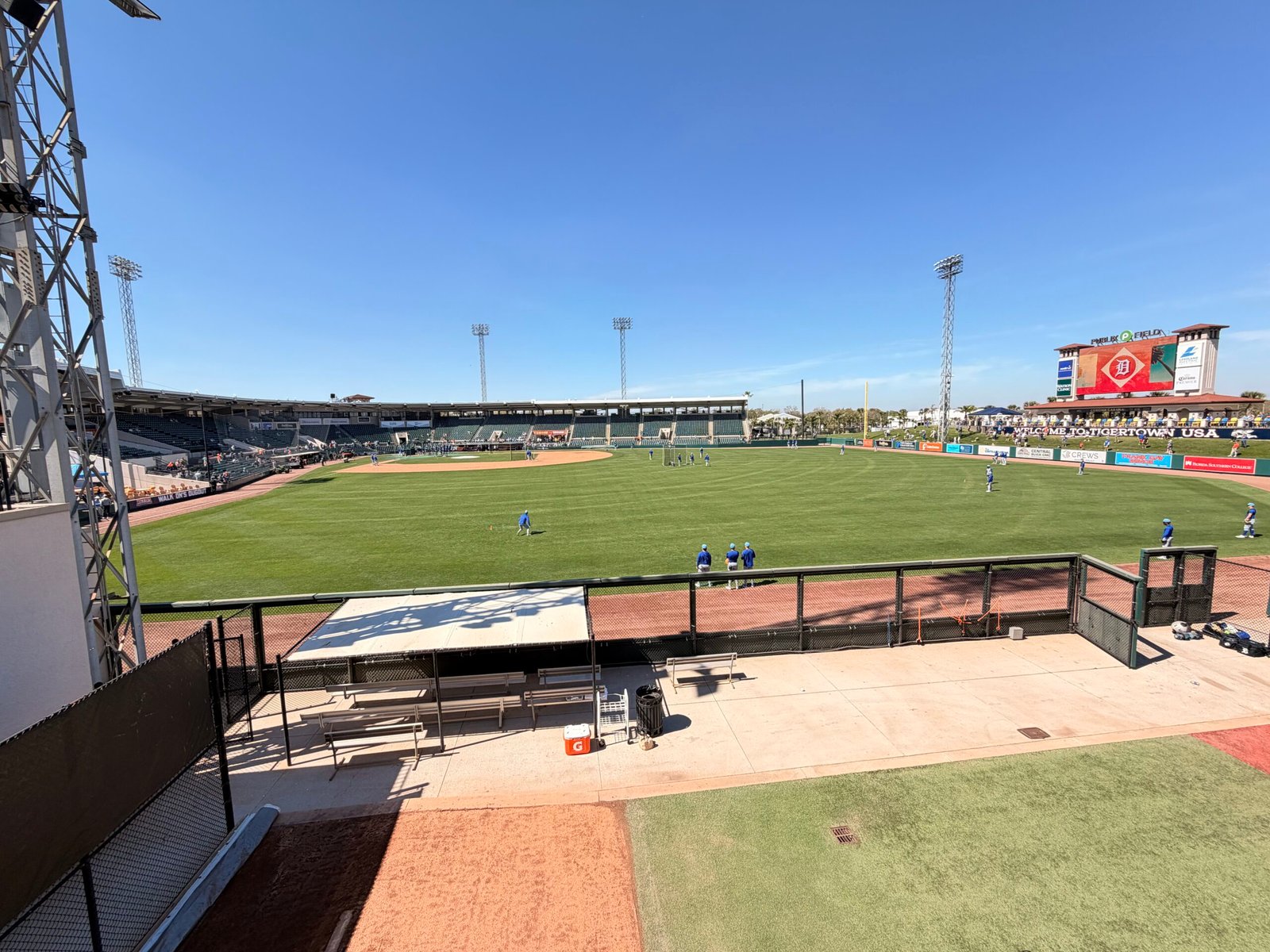 Wide view of Publix Field at Joker Marchant Stadium showing the full field and scoreboard