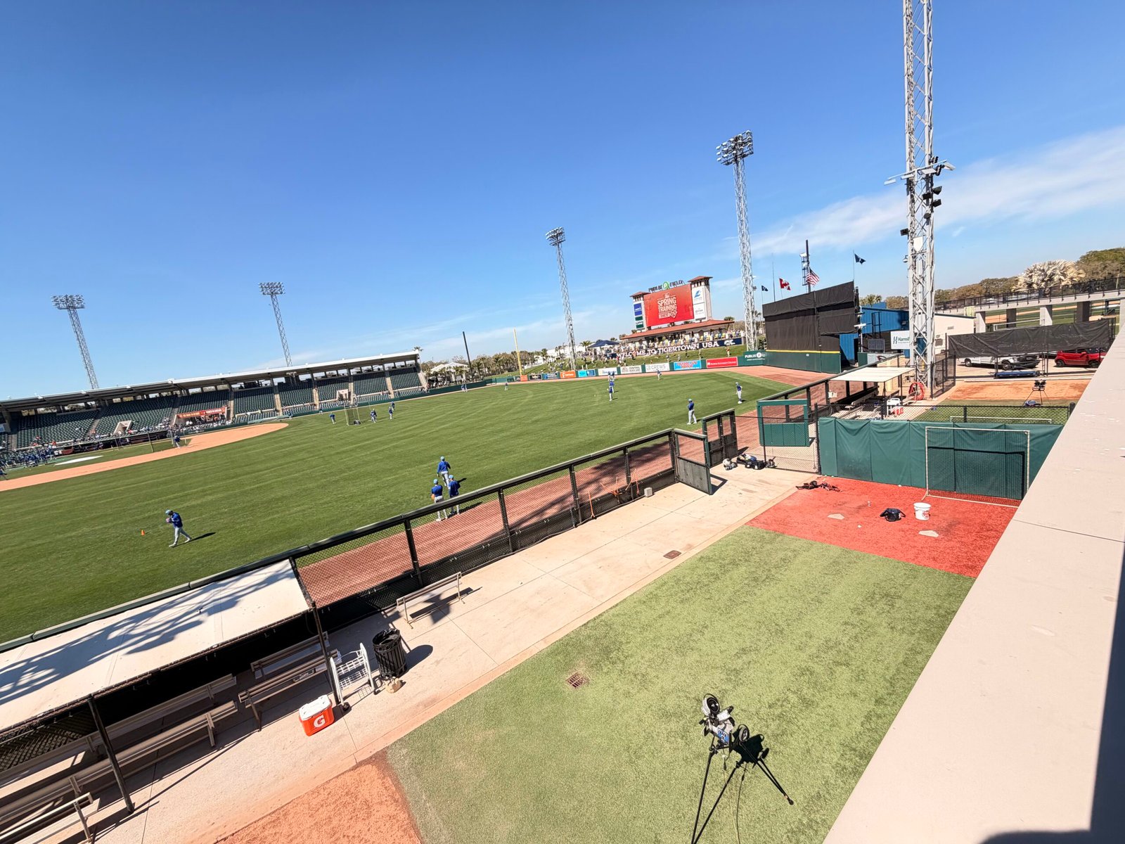 Elevated wide angle of Joker Marchant Stadium outfield and bullpen area pre-game