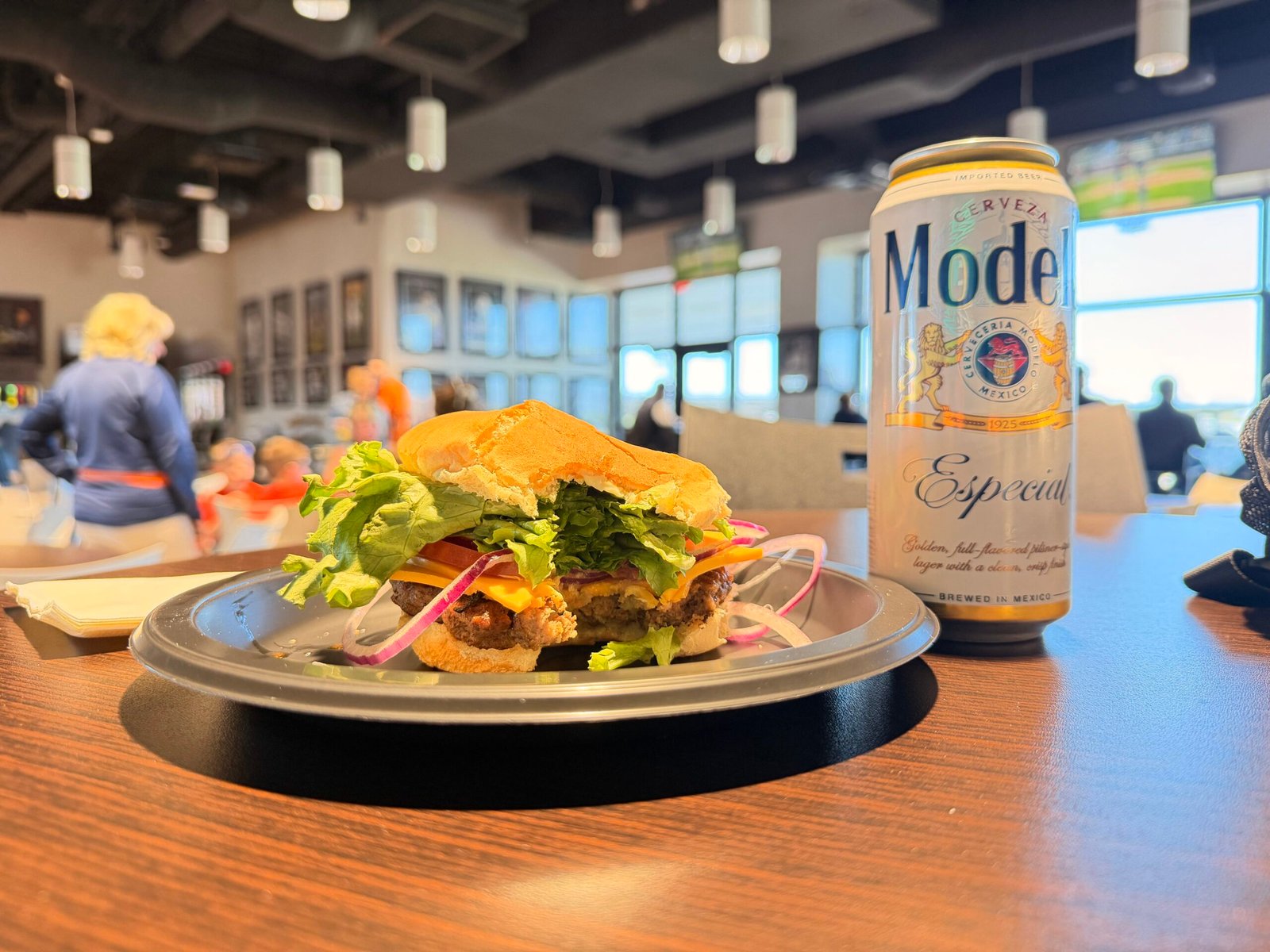 34 Club buffet burger and Modelo Especial can at Joker Marchant Stadium