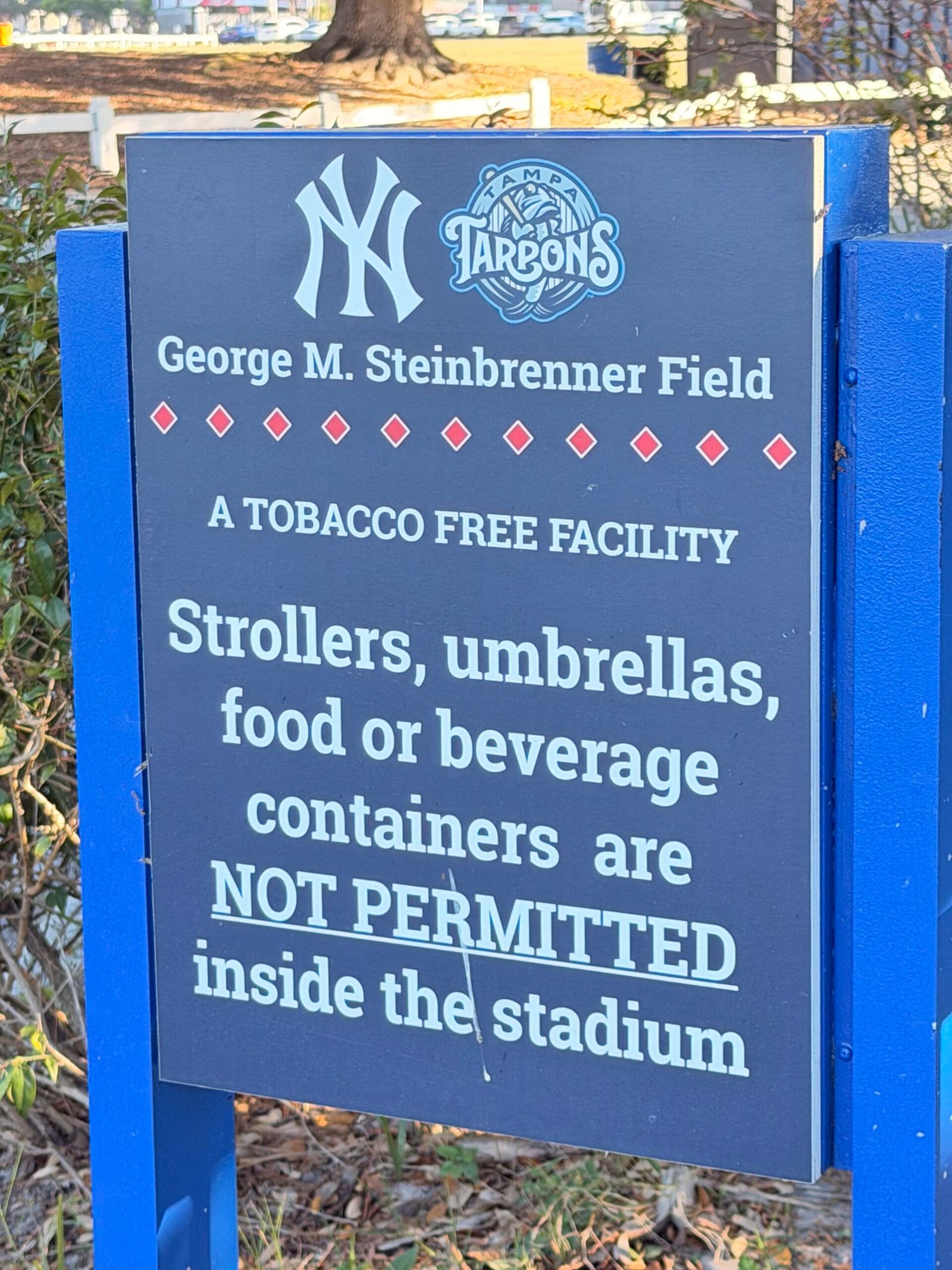 Yankees and Tampa Tarpons signage listing prohibited stadium items