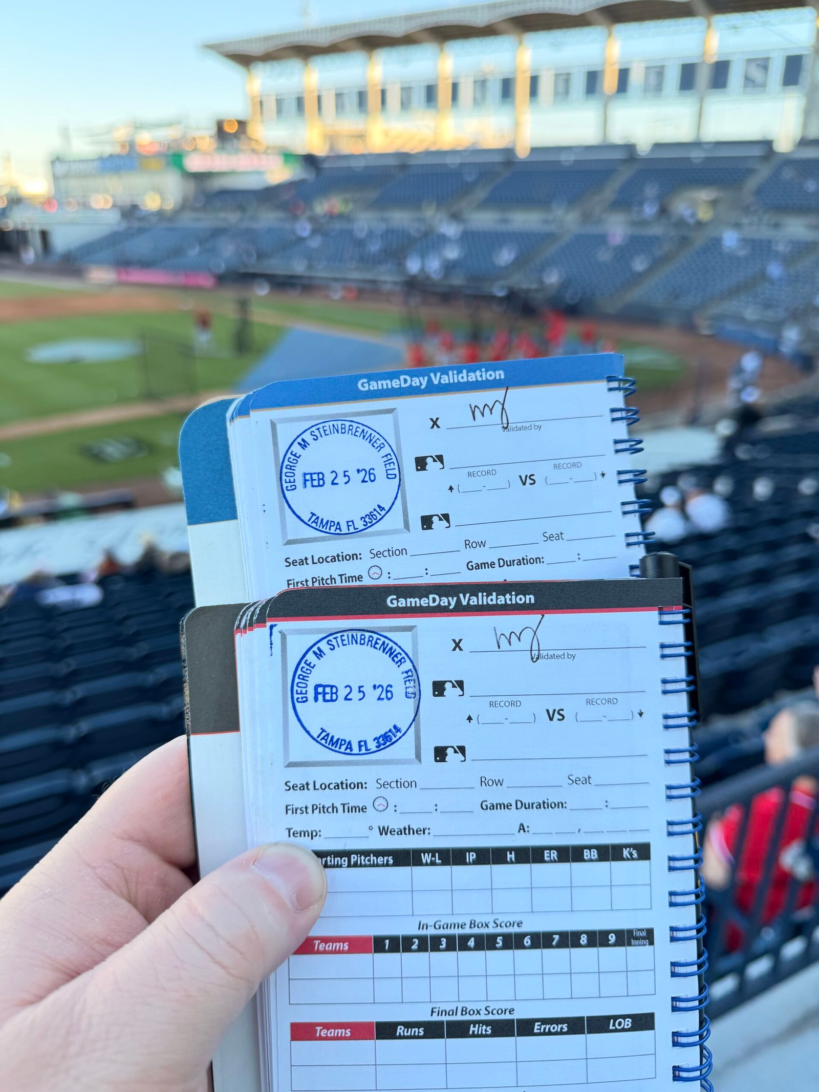 GameDay validation scorecards stamped George M Steinbrenner Field Feb 25 2026